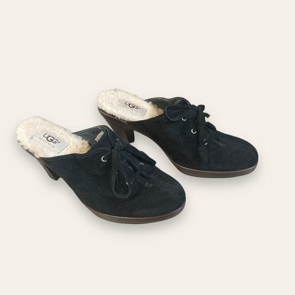 UGG AustrianWitchy Black Suede Block Heel Mules size 6.5 - Picture 5 of 6
